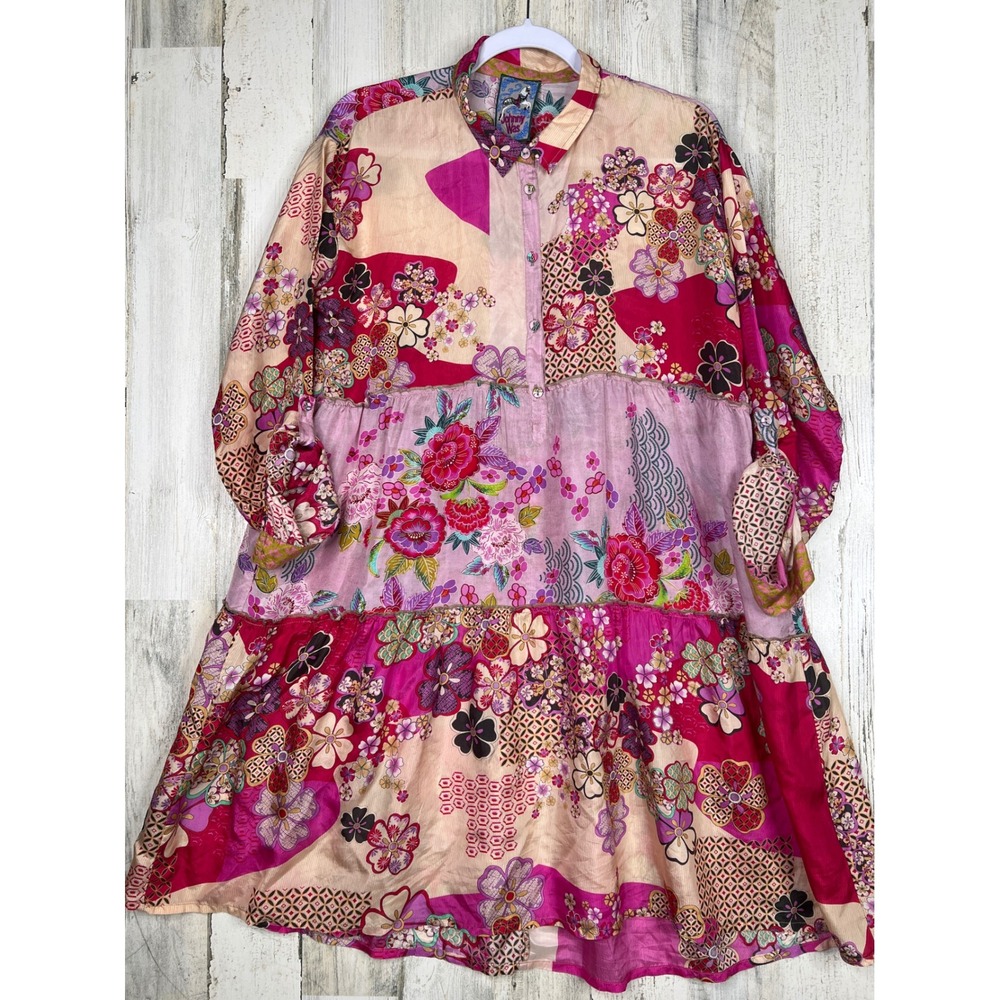 Johnny Was Silk Patchwork Floral Yama Jasmine Tiered Dress Women Large MSRP $248 - Picture 2 of 16